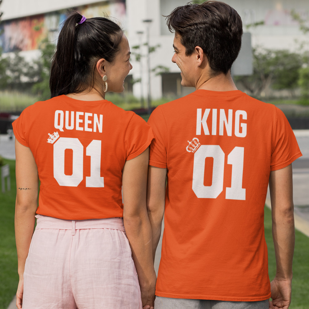 Oranje Koningsdag T-Shirt King 01 Queen 01