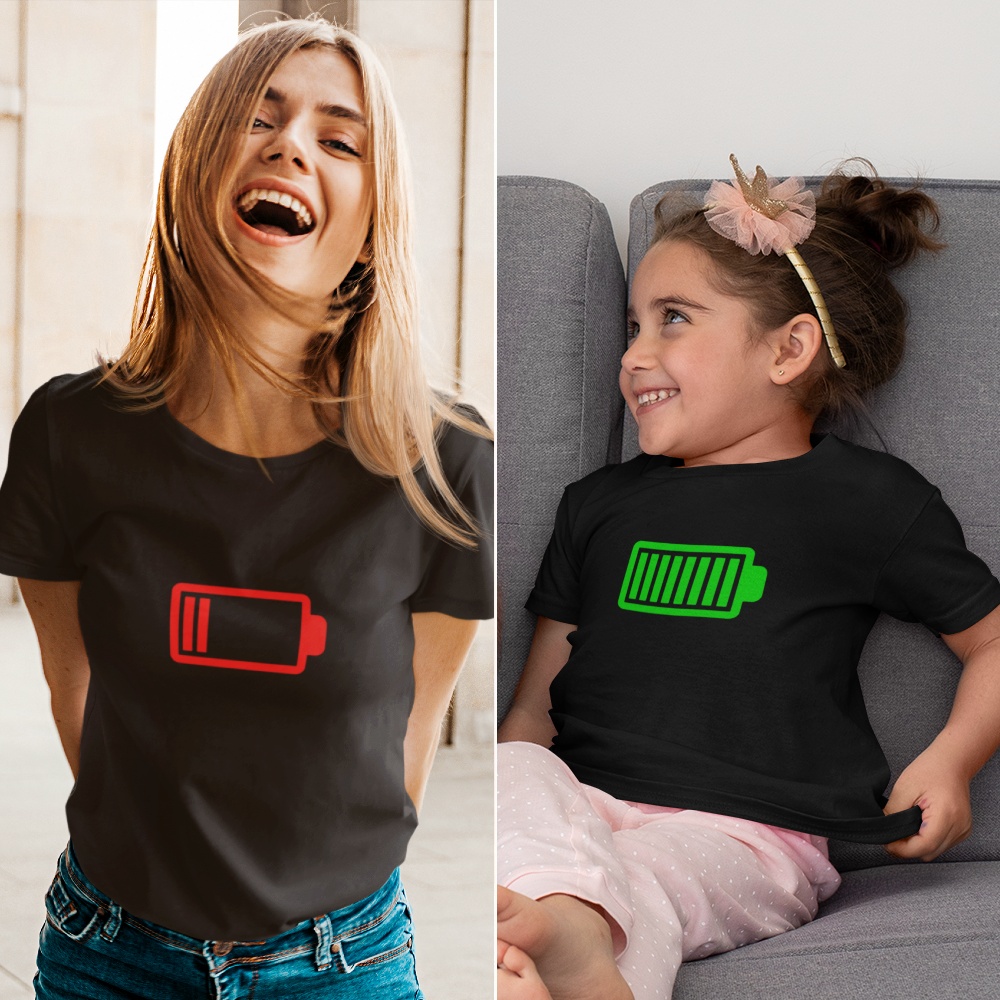 Moeder Dochter T-Shirts Battery Low & Full Zwart