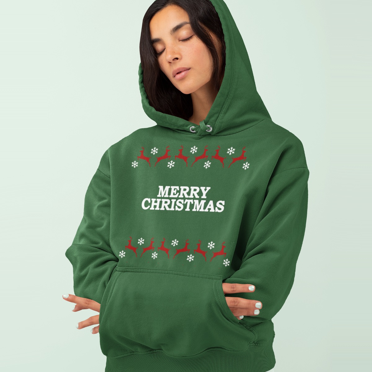 Kerst Hoodie Groen Merry Christmas & Rendier Patroon