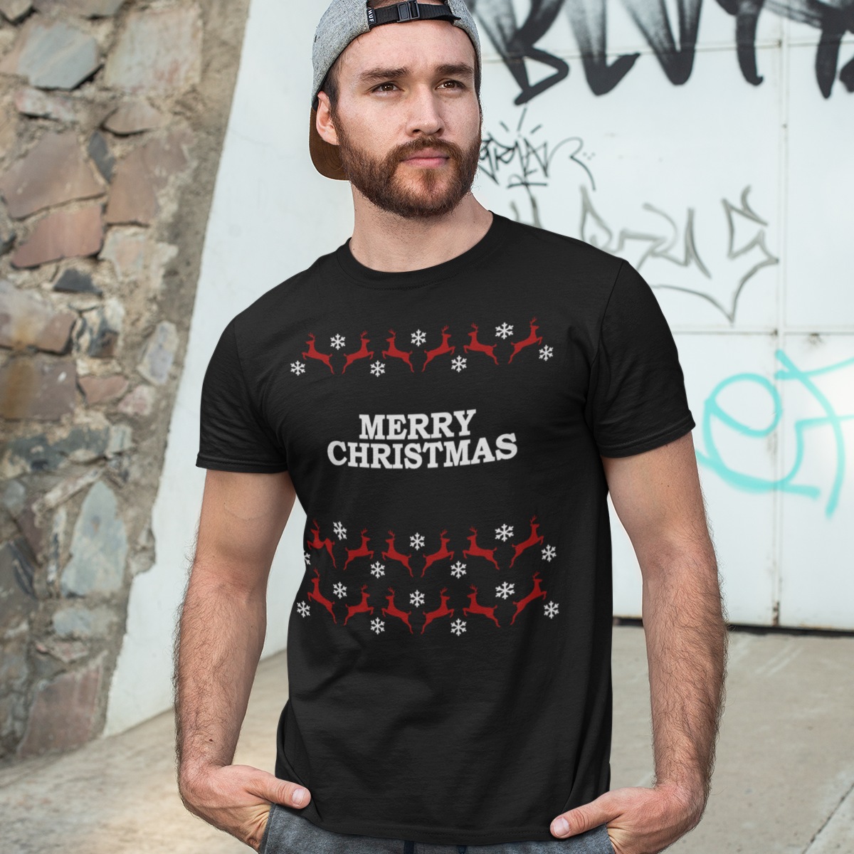 lineair Moment passie Vrolijk Kerst T-shirt Zwart - Merry Christmas Rendieren | Snel thuisbezorgd