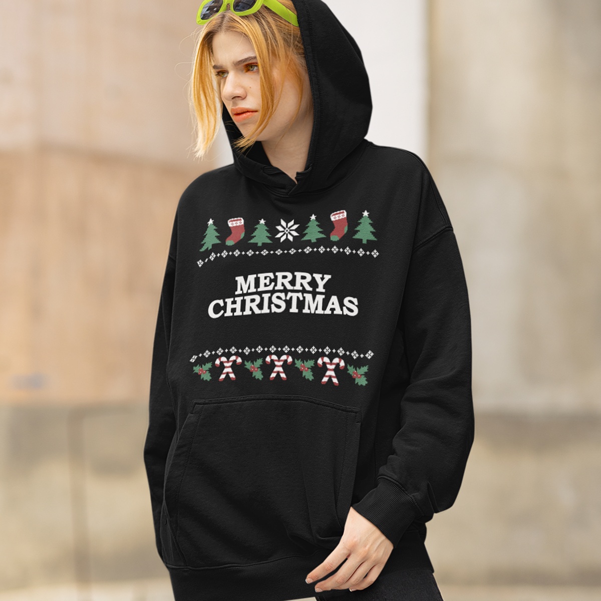 Reageer gordijn slinger Kerst Hoodie Zwart - Candy Cane Design | Met tekst Merry Christmas