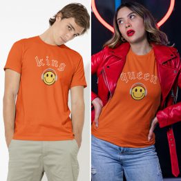 King Queen T-Shirt Smiley Headphones Oranje