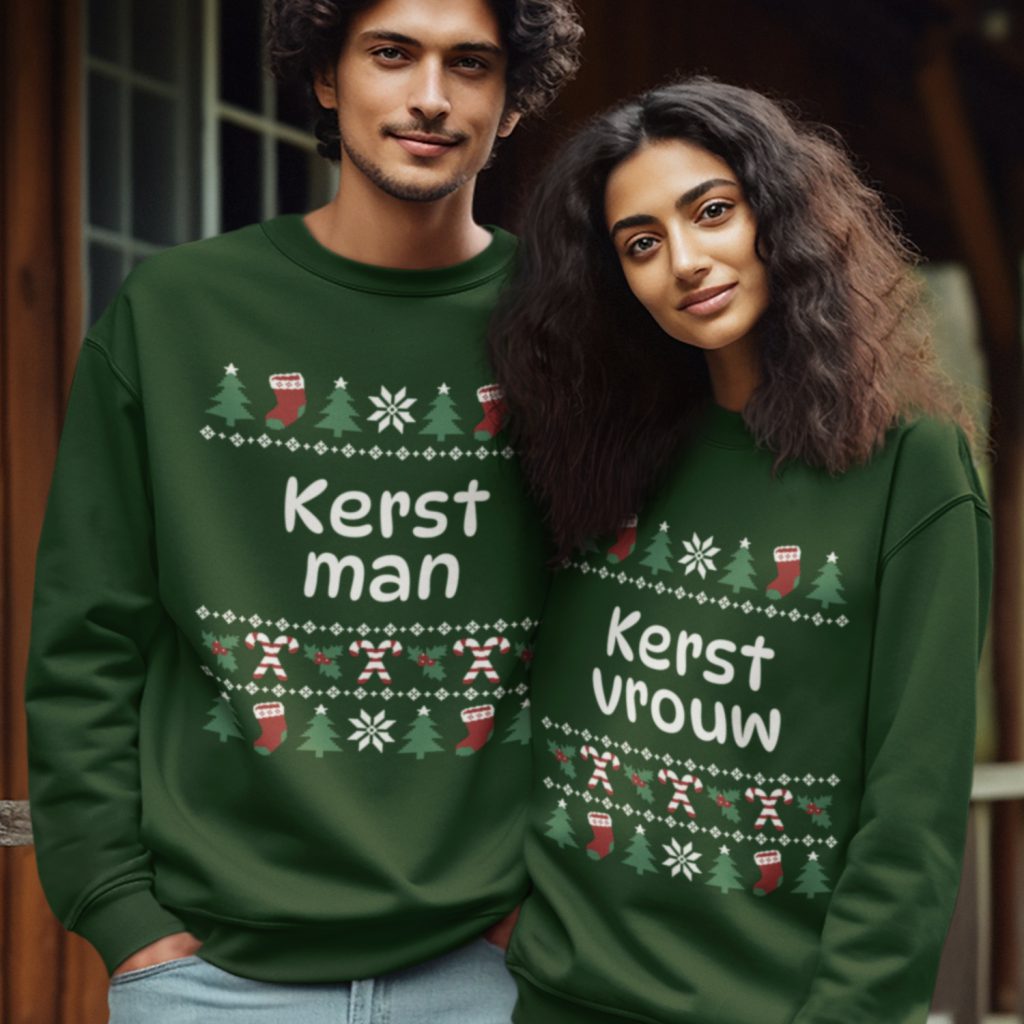 Koppel Kersttruien Groen Kerstman & Kerstvrouw