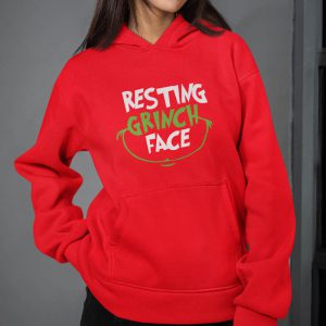 Foute Kerst Hoodie Rood Vrouw Resting Grinch Face