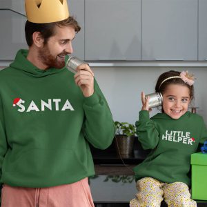 Kerst Hoodie Groen Ouder Kind Santa en Little Helper