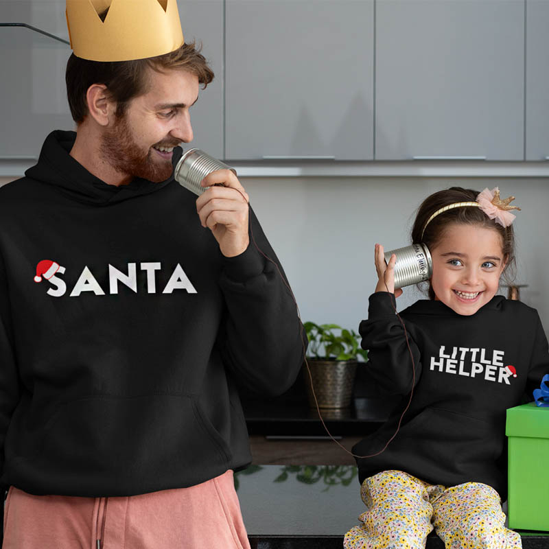 Kerst Hoodie Zwart Ouder Kind Santa en Little Helper