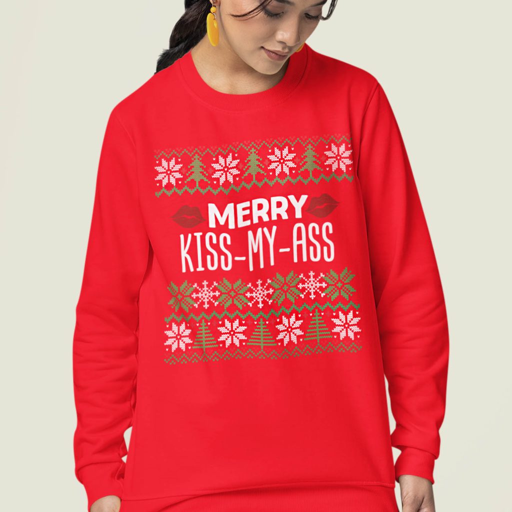 Dames Foute Kerst Trui Rood Merry Kiss My Ass