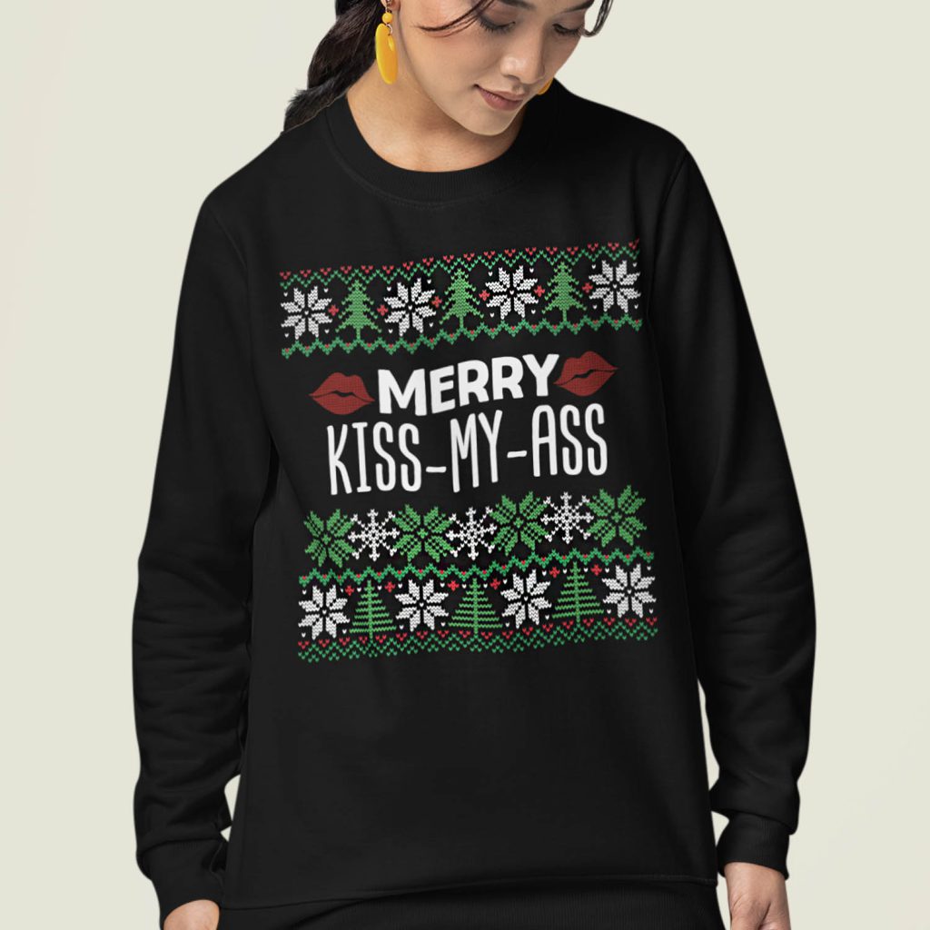 Dames Foute Kerst Trui Zwart Merry Kiss My Ass