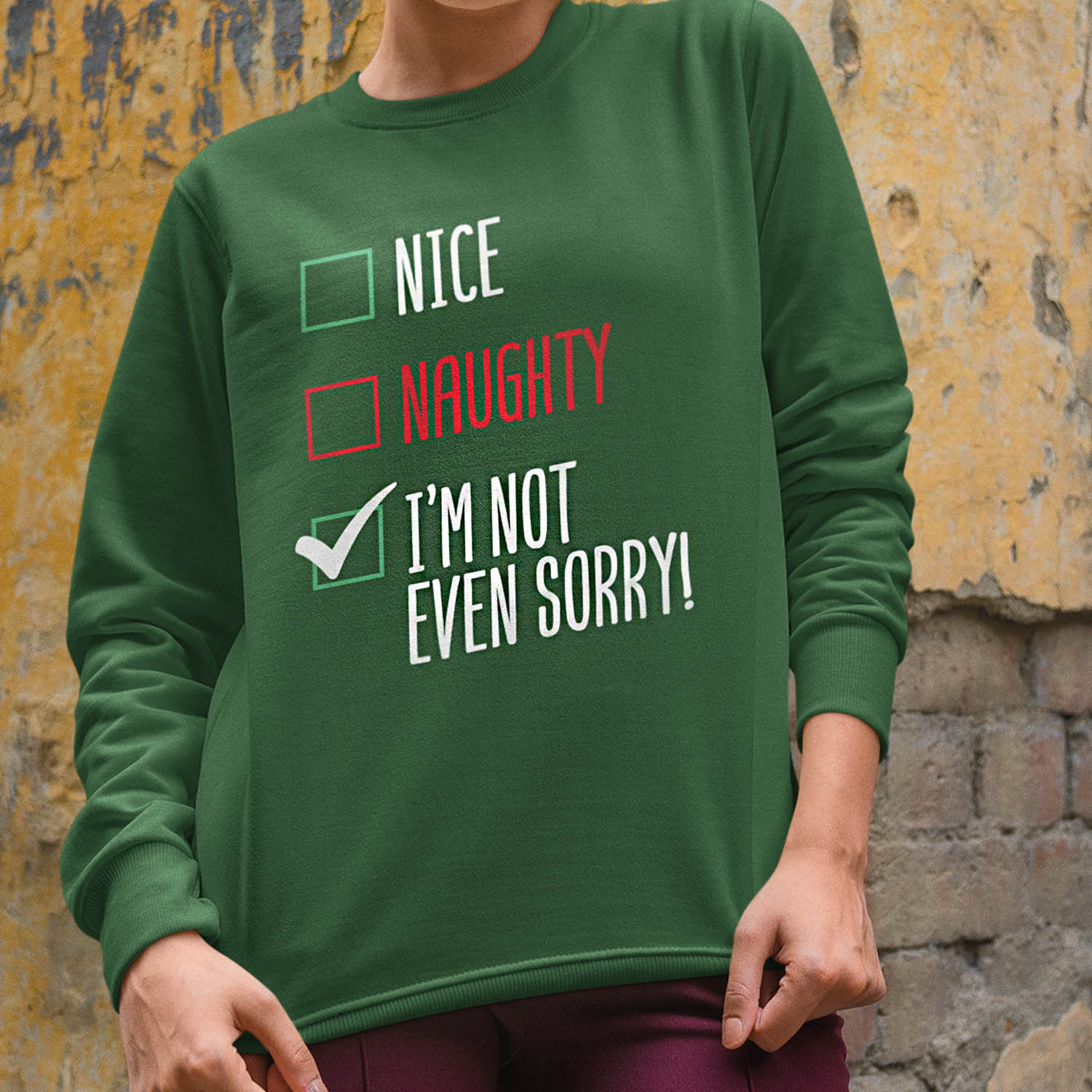 Dames Foute Kerst Trui Groen Nice, Naughty, Not Even Sorry!